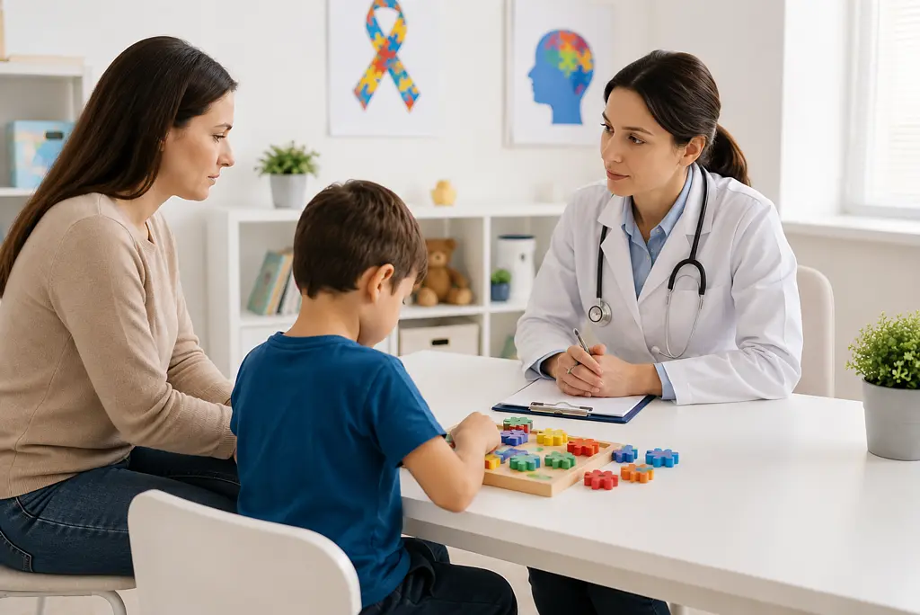 Mãe com criança autista em consulta médica